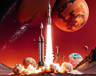 impactful color paint of a rocket is launching from Earth on a mission to explore Mars. Show the rocket against the backdrop of a red Martian sky, with the planet's surface and rocky terrain below, ........... highly detailed, vibrant colors , 8k, sharp, professional, clear, high contrast, high saturated, , vivid deep blacks, crystal clear