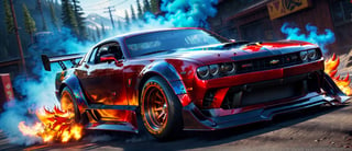 ultra realistic, car Hot rod sports pld school and tuning style with wide tires, On moutain roads drifting corners, high futuristic cyberpunk style, bright smoke colors, incredibly detailed, dark, key visuals, atmospheric, highly realistic, ultra quality ray tracing, Red with flame paint job,
