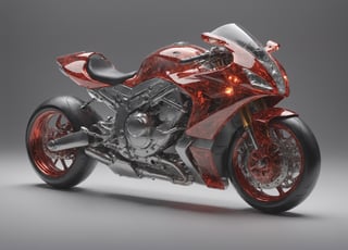 Masterpiece, ultra-definition, super detailed, perfect drawing, 1  transparent SPORT race motocycle with headlight on white lights , Colored red, silver and black carbonfiber, Industrial design, clean, Luminous neon lit,  red background, Surrealism, UHD, high details, best quality, 2K