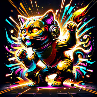 highly detailed colourful graffiti illustration of Mad Cat playing with TNT, wearing gold headphones,