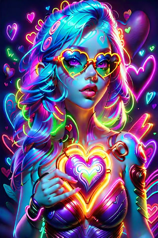 a woman with bright hair and sunglasses holding a heart shaped object, neon digital art, neon light and fantasy, ultraviolet and neon colors, colorful digital art, colorfull digital fantasy art, 3 d neon art of a womens body, neon art style, gorgeous digital art, colourful digital art, neon art, neon coloring, psychedelic digital art, colorful art, vibrant neon colors