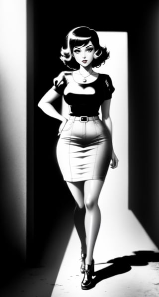 ((Full Body)), Femme Fatale, shadows and light, chiaroscuro, ray of light, My Immortal, rubber hose animation in the 1920s or 1930s cartoon style, charismatic Rubber hose girl, retro fantasy art, retro Cartoon. retro fantasy art, fantasy art clothes minimal background, key focus design and pose, detailed, absolute Pi, Key focus, high detailed, Vintage, Retro, RobinNC,girl,Wear effect