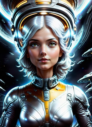 A masterpiece of futuristic design, a top-quality illustration of an ultra-high-definition interior scene within a space station's passenger aircraft. The highly detailed setting features professional lighting on a sleek, silver-gray surface. A single woman, wearing a glossy latex bodysuit and space helmet, sits calmly in a bustshot pose. Her real face, adorned with yellow hair and a shining hair ornament, exudes a hint of deadpan seriousness. With a slight smile (1.0) and pretty skin, she embodies a sense of calm confidence, surrounded by the colossal machinery of her spaceship seat.