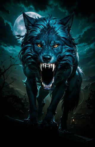 A majestic schlocky werewolf in an anime, depicted in a stunning digital painting, emerges as a fearsome yet oddly endearing creature. Its fur a chaotic mix of silver and midnight black, eyes glowing with unearthly intensity, and claws glistening with an eerie sheen. Despite its fierce appearance, there's a certain grace to the way it moves, almost as if it's dancing in the moonlight. The attention to detail and masterful use of color make this image truly mesmerizing, capturing the essence of a mythical being with impressive skill.