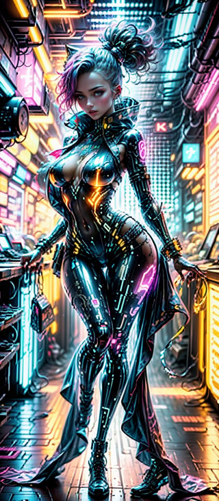 (((Fullbody view))), (best quality,4k,8k,highres,masterpiece:1.2),ultra-detailed,(realistic,photorealistic,photo-realistic:1.37),90s vibe,cyberpunk,futuristic neon lights,pink and blue pastel colors,stylishly dressed girl with punk elements,dynamic composition,Kim Bassin-inspired character design,Retro 80s film poster art style,nostalgic atmosphere,innovative technology,aesthetic graffiti in the background,sleek and shiny surfaces,cityscape with towering skyscrapers,hovering vehicles,futuristic gadgets and holograms,action-packed scene,fashion-forward hairstyle and accessories,glowing tattoos and piercings,electric energy and sparks,urban underground culture,positive and empowering energy,unique and captivating visual narrative,synchronized dance moves with pulsating music,stylish typography and design elements,Strong Backlit Particles