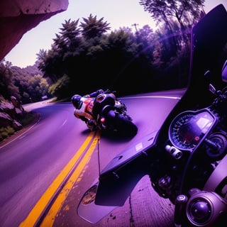 motorcycle on the road with a person on it and a motorcycle on the side, wideangle action, riding on the road, wide angle dynamic action shot, pov shot, extreme wide angle, riding, gopro shot, gopro photo, gopro footage, shot with a gopro, taken on go pro hero8, ultra wide angle, helmet view, fisheye perspective,photorealistic