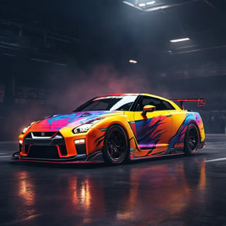 A photo realistic image of a Nissan GT-R Nismo 2023 
, sharp, detailed car body ,ethereal art, detailed tires, fire scene, (masterpiece, best quality, ultra-detailed, 8K), race car, street racing-inspired, Drifting inspired, LED, ((Twin headlights)), (((Bright neon color racing stripes))), (Black racing wheels), Wheel spin showing motion, Show car in motion, Burnout,  wide body kit, modified car,  racing livery, masterpiece, best quality, realistic, ultra high res, (((depth of field))), (full dual color neon lights:1.2), (hard dual color lighting:1.4), (detailed background), (masterpiece:1.2), (ultra detailed), (best quality), intricate, comprehensive cinematic, magical photography, (gradients), glossy, Fast action style, fire out of tail pipes, Sideways drifting in to a turns, Neon galaxy metalic paint with race stripes,