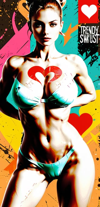 (An amazing and captivating abstract illustration:1.4), 1girl, female focus, large breasts, huge breasts, (natural breasts:1.3),(sagging breasts:1.2),(yoga suit:1.3), (skinny body:1.4), (narrow hips:1.2), hands on hips,(grunge style:1.2), (frutiger style:1.4), (colorful and minimalistic:1.3), (2004 aesthetics:1.2),(beautiful vector shapes:1.3), with (the text "TRENDY!":1.3), text block. BREAK swirls, x \(symbol\), arrow \(symbol\), heart \(symbol\), gradient background, sharp details, (muted colors:1.1). BREAK highest quality, detailed and intricate, original artwork, trendy, mixed media, vector art, vintage, award-winning, artint, (SFW:1.2),sagging breasts,realistic