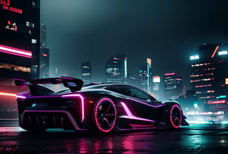 A sleek, neon-lit cyberpunk car races through a dark, rain-soaked cityscape, its glowing wheels leaving trails of light behind it. The car's body is adorned with glowing neon lights and sharp, angular lines, giving it a menacing and futuristic appearance.