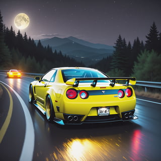 Race cars in a high speed street race (best quality,4k,8k,highres,masterpiece:1.2),ultra-detailed, ((a customized car)), ((street racer)), ((a beautiful paintjob)), ((fully detailed)), illustration, vivid colors, GTR, NSX,  Drifting, going fast, night, bright yellow headlights,setting USA Oregon's Mountain roads, No text on signs, Late night time dark skys filled with moonlight and bright stars,1 car.,Nature,modelshoot style