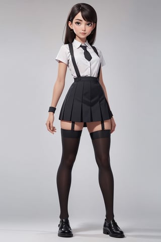 character sheet, student clothes, beautiful, good hands, full body, looking to the camera, good body, 18 year old girl body, school shoes, school skirt, school shirt, black shoes, sexy pose, full_body, with small earrings, character_sheet, fashionable hairstyle, school_uniform, shoes_black, with  school_shoes_black, arcane style, clothes with accessories, denier tights in beige, stockings_colorbeige, Reclaimed Vintage side cut out tights in black, clothes sexy, Bluebella garter suspender in black,brown hair, straight hair, fair skin, light eyes