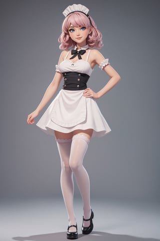 character sheet,looking to the camera,beautiful, good hands, full body, good body, 18 year old girl body,sexy pose, full_body,character_sheet, shoulder length fluffy semi wavy hair, pink hair,maid clothes, white stockings, greeting pose