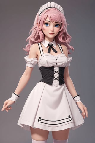 character sheet, student clothes, beautiful, good hands, full bod, good body, 18 year old girl body,shoulder length fluffy semi wavy hair, 
pink hair,maid clothes, white stockings
