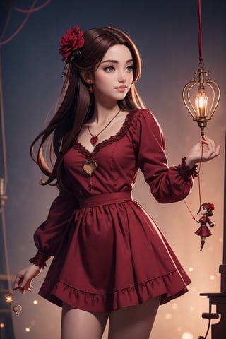 beautiful, good hands, full body, good body, 18 year old girl body, sexy pose, arcane style, clothes with accessories, brown hair, straight hair, fair skin, light eyes, red flower in the girl's hair,1girl,glitter,shiny,Marionette,chiffon smock mini shirt dress in red, mechanical heart necklace