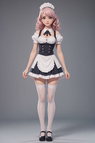 character sheet, student clothes, looking to the camera,beautiful, good hands, full body, good body, 18 year old girl body,sexy pose, full_body,character_sheet, shoulder length fluffy semi wavy hair, pink hair,maid clothes, white stockings