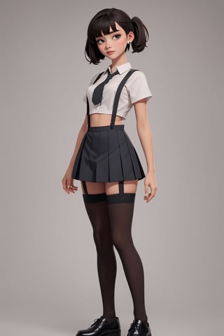 character sheet, student clothes, beautiful, good hands, full body, looking to the camera, good body, 18 year old girl body, school shoes, school skirt, school shirt, black shoes, sexy pose, full_body, with small earrings, character_sheet, fashionable hairstyle, school_uniform, shoes_black, with  school_shoes_black, arcane style, clothes with accessories, denier tights in beige, stockings_colorbeige, Reclaimed Vintage side cut out tights in black, clothes sexy, Bluebella garter suspender in black,brown hair, straight hair, fair skin, light eyes,ring on finger