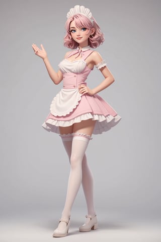 character sheet,looking to the camera,beautiful, good hands, full body, good body, 18 year old girl body,sexy pose, full_body,character_sheet, shoulder length fluffy semi wavy hair, pink hair,maid clothes, white stockings, greeting pose