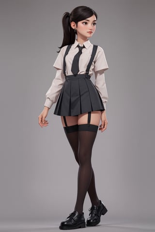 character sheet, student clothes, beautiful, good hands, full body, looking to the camera, good body, 18 year old girl body, school shoes, school skirt, school shirt, black shoes, sexy pose, full_body, with small earrings, character_sheet, fashionable hairstyle, school_uniform, shoes_black, with  school_shoes_black, arcane style, clothes with accessories, denier tights in beige, stockings_colorbeige, Reclaimed Vintage side cut out tights in black, clothes sexy, Bluebella garter suspender in black,brown hair, straight hair, fair skin, light eyes,ring on finger, good body