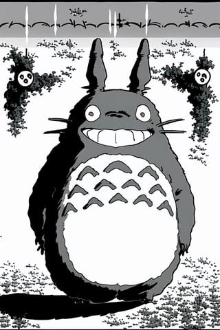 totoro smiling ,black and white,creepy, terror