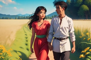 couple, holding hands,indian  skin,cinematic,beautifully ,perfect eyes,perfect face,perfect lips,walking in the field,indian skin,black hair