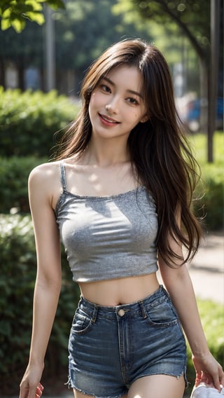 masterpiece, best quality, photorealistic, raw photo, 1girl, beautiful face, light smile, long hair, crop top shirt, navel, midriff, open denim shorts, sneakers, fullbody_view, walking on public park, intricate detailed, alluring face, detailed skin, pore, detailed background, finely detailed, dslr