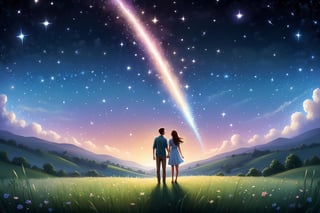 A romantic night scene featuring a young couple under a starry sky. The boy and girl are standing close, looking up at a brilliant shooting star that lights up the sky. The girl's smile shines brightly as the stars twinkle around them. The night sky is filled with countless stars, creating a magical and serene atmosphere. The couple's hearts are united, symbolized by the shooting star tying their dreams together. The background includes gentle rolling hills and a calm, expansive meadow, adding to the peaceful and romantic setting. The colors should be soft and dreamy, with a focus on the glowing shooting star and the couple's tender expressions.
