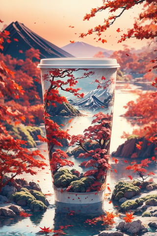 (paper cup), still life photography, Surrealist dream style, iron chain, autumn_leaves, fallen_leaves, autmun, Mt. Fuji, maple trees, ,aple leaves, landscape, lake, water reclection,  