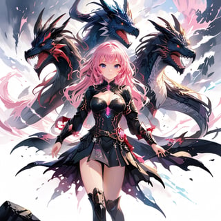 stylized ink painting and digital anime painting, eastern dragon, ink painting, 1dragon girl, young adult, 22yo, tall, skinny, busty, pink long wavy messy hair, large breasts, weaing a medieval dragonic armored dress, ray tracing, waterflall,  group of Velociraptors, 8k, realistic, standing with arms behind back, masterpiece, best quality,aesthetic,1dragon girl,dragon,,,,,,1dragon,,RitterBalberith,,2b-Eimi,,Flat vector art,,<lora:659095807385103906:1.0>