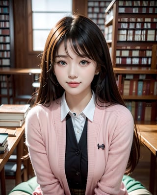 (upper body shot portrait:1.3), (extra long straight hair with parted bangs:1.3), (beautiful chiny black thin hair:1.3), ((centered image)), a stunning beautiful and busty woman, 20yo, 
BREAK, 
((Night library:1.5)), (library:1.5),(indoor:1.5), (looking at the viewer:1.3), (sitting on the seat:1.4),(pose with hands between legs:1.3),(from above:1.0),(upturned eyes:1.3), 
BREAK,
 masterpiece, best quality, highres, baeautiful aesthetic, 1girl, Korean hot model, looking at viewer:1.3, (bright smile:1.2), wearing ((school uniform)),(blazer, collared shirt, plaid pattern printed pleated skirt), (green thme:1.3), realistic, busty,(narrow waist:1.3), (thin legs:1.3), professional gravure photo, parted lips, glossy juicy lips, pink lips, , Realism, photo of perfecteyes eyes,komi_sch