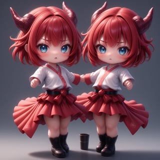 1dragon girl, solo, chibi character, chibi emote, body covered with dragon scales, dragon horns, red messy short bob hair, realistic, wearing a mikol uniform, dogi, hakama skirt, 3D, 3Drender, photon mapping, ,<lora:659095807385103906:1.0>