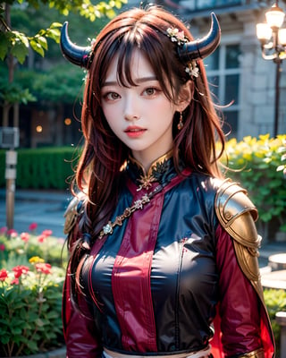 1dragon girl, wearing a dragon armor, long red hair, fantasy, dragon horns, 