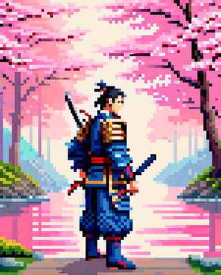 A captivating pixel art illustration of a stoic Japanese samurai standing tall in his traditional armor, with his katana drawn and the blade glowing. The samurai's armor is intricately detailed, featuring ornate patterns that emphasize the honor and dedication of his warrior spirit. The background is a beautiful, serene scene of cherry blossom trees, their delicate pink petals gently falling around the samurai. The color palette is limited, utilizing nostalgic, retro tones that bring a sense of warmth and nostalgia. Subtle shading adds depth and dimensionality to the artwork, enhancing the overall composition. The samurai is positioned centrally within the blossoms, with clean lines and sharp angles characteristic of pixel art style. The final image evokes a sense of timeless elegance, paying homage to the rich history and culture of Japan.,pixel art