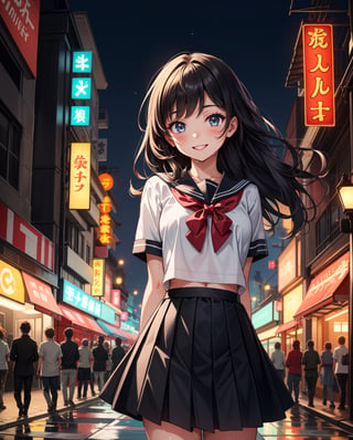 Create a stunning digital anime illustration featuring a beautiful high school girl in a vibrant nightlife setting, capturing her with a joyful smile. Imagine her standing amidst the bustling city lights and nightlife, with colorful neon signs illuminating the background. The scene should exude a sense of energy and excitement, with the girl's expression reflecting happiness and positivity. Include details like the glow of the city lights, reflections on wet pavement, and a dynamic composition that draws the viewer into the lively atmosphere of the nighttime cityscape.
BREAK, 
1girl, solo, high school student, 18yo, wearing a sailor unifomr, school uniform, sailo unit, pleated skirt, black long straight hair, cute face, big eye, arms behind back, bright smile, 
