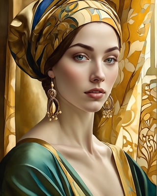 Create an enchanting Art Nouveau-inspired female illustration, echoing the meticulous style of Vermeer. Capture the essence of Vermeer's soft lighting, realistic features, and domestic intimacy. Embrace Art Nouveau's ornate elegance, infusing flowing lines and organic motifs in the background. Adorn the subject in a period-appropriate gown with intricate patterns, seamlessly blending Vermeer's realism with Art Nouveau's decorative flair. Illuminate the scene with gentle, ambient light, casting a warm and inviting atmosphere. This prompt challenges the artist to harmonize the two distinct styles, resulting in a captivating portrayal that pays homage to Vermeer while embracing the ornamental beauty of Art Nouveau.