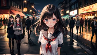 Create portrait of a stunning digital anime illustration featuring a beautiful high school girl in a vibrant nightlife setting, capturing her with a joyful smile. Imagine her standing amidst the bustling city lights and nightlife, with colorful neon signs illuminating the background. The scene should exude a sense of energy and excitement, with the girl's expression reflecting happiness and positivity. Include details like the glow of the city lights, reflections on wet pavement, and a dynamic composition that draws the viewer into the lively atmosphere of the nighttime cityscape.
BREAK, 
1girl, solo, high school student, 18yo, wearing a sailor unifomr, school uniform, sailo unit, pleated skirt, black long straight hair, cute face, big eye, arms behind back, bright smile, upper body, 