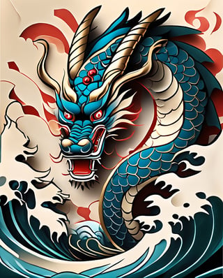 Imagine an illustration portraying the intricate tattoo adorning the back of a Japanese Yakuza member, a visual representation of their status, allegiance, and personal history. Dominating the canvas, a fierce dragon coils sinuously, its scales rendered in exquisite detail, shimmering with hints of gold and crimson. Flames dance around the dragon's claws, symbolizing power and ferocity. Cherry blossoms cascade down from the dragon's form, juxtaposing beauty with strength, representing the transient nature of life. In the background, traditional Japanese motifs like waves or clouds add depth and context to the design, while smaller symbols and characters may convey personal meanings or affiliations. This illustration captures the essence of the Yakuza's aesthetic, blending tradition with symbolism to create a striking and evocative tattoo.