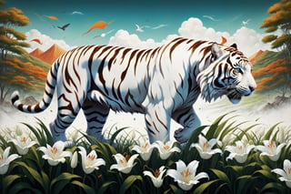 A captivating urban landscape mural featuring a woman, embodying the perfect fusion of surrealism, modernism, and street art. Her face, adorned with a mesmerizing blend of vibrant colors and abstract shapes, echoes the dynamic energy of bustling city streets. Behind her, a chaotic yet beautiful blend of graffiti and swirlinTitle: "Majestic Giant: White Tiger in the Field of White Lilies"

Prompt:
Create a dynamic modern anime illustration that features a brave and majestic giant white tiger standing in a field of white lilies. The illustration should depict the white tiger with an aura of strength and regality, capturing both its fierce and noble nature. Use a trendy and vibrant art style to bring this scene to life, ensuring that the composition is visually striking and full of energy.

Key elements to include:
- **The giant white tiger**: Position the tiger prominently in the foreground, emphasizing its size and strength. Use bold, dynamic lines and shading to highlight its powerful muscles and regal stance. The tiger's fur should be detailed with intricate patterns and highlights, giving it a lifelike and majestic appearance.
- **Field of white lilies**: Surround the tiger with a sea of white lilies, their delicate petals contrasting with the tiger's powerful presence. The lilies should be rendered with soft, flowing lines and gentle colors, adding a sense of tranquility and beauty to the scene.
- **Background**: Create a vibrant and dynamic background that complements the foreground elements. Use a mix of bright and contrasting colors to evoke a sense of depth and movement, enhancing the overall dynamism of the illustration.
- **Color palette**: Utilize a rich and diverse color palette, featuring bright whites, deep greens, and accents of gold and blue to create a harmonious and visually appealing composition. Ensure that the colors of the tiger and lilies stand out against the background, drawing the viewer's attention to the main subjects.

The overall composition should convey a sense of dynamic elegance and power, blending the fierceness of the giant white tiger with the delicate beauty of the white lilies. Use a trendy anime art style to capture the energy and vibrancy of the scene, making it both captivating and memorable.
g murals create a backdrop that showcases the creativity and resilience of humanity. This contemporary masterpiece stands out against the concrete jungle, highlighting the power of transforming ordinary spaces into inspiring works of art. The mural is a celebration of the indomitable spirit and the impact of art in the most unexpected places, serving as a testament to the beauty that can emerge from chaos.