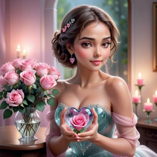 Illustrate a captivating scene featuring a stunning woman gracefully holding a glass heart and a bouquet of pink roses. Let her radiant beauty complement the fragility of the glass heart, symbolizing vulnerability and tenderness. The pink roses in her hands should embody love and elegance, creating a harmonious balance between strength and delicacy. Employ soft lighting to enhance the enchanting atmosphere, ensuring that her expression reflects a blend of sophistication and the genuine emotion associated with the symbolism of the glass heart and blooming roses. Capture a moment that exudes beauty, love, and grace.