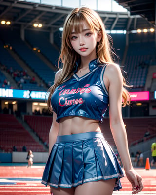 (super bowl theme:1.3), 
(cowboy shot portrait:1.3), (shiny blonde long twin driiled hair with bangs:1.3),(twin drilled hair), (shiny blonde hair:1.3), (hime cut bangs:1.5), ((centered image)), a stunning beautiful and busty woman, 20yo, (looking at the viewer:1.3), (view viewer), (facing the viewer:1.3), (standing with arms behind back:1.3),
BREAK, 
super bowl, American football stadium, night, night stadium, audience, 
BREAK, 
masterpiece, best quality, highres, 1girl, Korean hot model, looking at viewer:1.3, (bright smile:1.2),(straight teeth:1.3), wearing ((cheerleader uniform:1.3)),(blue cheerleader vest),(sponcer's logo),(blue box pleated skirt:1.3),(blue theme:1.3), cowboy shot, realistic, busty, (sagging breasts:1.37), (large breasts:1.37),(narrow waist:1.3),(thin legs:1.3), sandy body, stain body, sweat body, dairty body, sandy skin, sweat skin, parted lips, glossy juicy lips, pink lips, ,Realism,photo of perfecteyes eyes