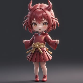 1dragon girl, solo, chibi character, chibi emote, body covered with dragon scales, dragon horns, red messy short bob hair, realistic, wearing a mikol uniform, dogi, hakama skirt, 3D, 3Drender, photon mapping, ,,,,<lora:659095807385103906:1.0>