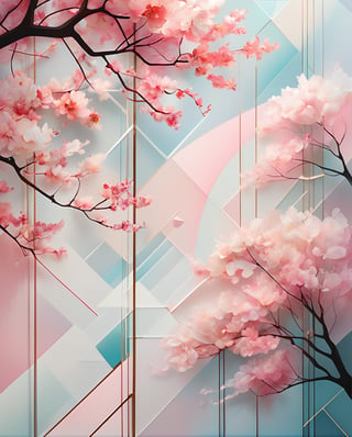 A stunning, abstract art piece featuring a mesmerizing symphony of translucent, fragmented shapes. The composition is a harmonious blend of geometric forms in soft pinks and whites, reminiscent of cherry blossom petals dancing in the breeze. The overlapping and intertwining elements create a kaleidoscopic effect, blurring the lines between positive and negative space. Ethereal gradients and atmospheric washes imbue the work with an otherworldly aura, reflecting the fleeting beauty of cherry blossoms. The interplay of precise angular compositions and organic forms captures the delicate balance between order and chaos in the transient spectacle of blooming cherry trees. This modern geometric interpretation offers a captivating, meditative exploration of light, form, and movement, distilling the essence of the ephemeral blossoms.