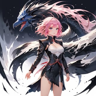 stylized ink painting and digital anime painting, eastern dragon, ink painting, 1dragon girl, young adult, 22yo, tall, skinny, busty, pink long wavy messy hair, large breasts, weaing a medieval dragonic armored dress, ray tracing, waterflall,  group of Velociraptors, 8k, realistic, standing with arms behind back, masterpiece, best quality,aesthetic,1dragon girl,dragon,,,,,,1dragon,,RitterBalberith,,2b-Eimi,<lora:659095807385103906:1.0>