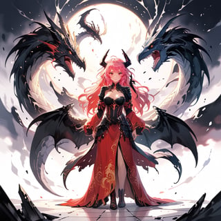 stylized ink painting and digital anime painting, eastern dragon, ink painting, 1dragon girl, young adult, 22yo, tall, skinny, busty, pink long wavy messy hair, large breasts, weaing a medieval dragonic armored dress, ray tracing, waterflall,  group of Velociraptors, 8k, realistic, standing with arms behind back, masterpiece, best quality,aesthetic,1dragon girl,dragon,,,,,,1dragon,,RitterBalberith,,,<lora:659095807385103906:1.0>