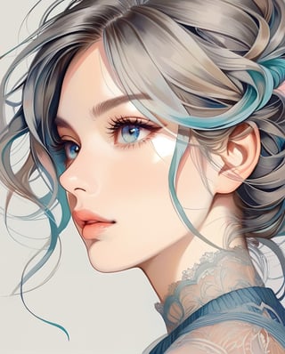 A beautifully rendered pastel color  pencil art portrait of a woman with a captivating gaze. The illustration showcases her delicate facial features, with soft shading and detailing that brings the image to life. The background is a subtle blend of gray tones, drawing focus to the woman's captivating expression and the intricate strands of her hair. The overall effect is a timeless, elegant piece that captures the essence of the subject's soul.,1girl