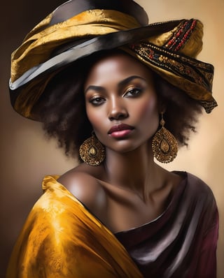 Create a powerful modern art piece by infusing Rembrandt's style into a depiction of a contemporary black woman. Embrace Rembrandt's chiaroscuro technique to illuminate her features, capturing the richness of her skin tone and the intricate details of her expression. Adorn her in contemporary fashion that resonates with cultural significance, blending traditional elements with modern aesthetics. Utilize Rembrandt's intimate storytelling to convey a narrative that celebrates diversity, resilience, or personal triumphs. Pay meticulous attention to the play of light, emphasizing both the individuality of the subject and the universality of human experiences. This prompt challenges the artist to bridge the gap between classical artistry and the vibrant realities of the present day.