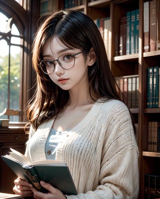 Generate an enchanting illustration featuring a female librarian immersed in the captivating world of books. Picture her amidst towering shelves, gracefully navigating the literary haven with a discerning gaze. Infuse the scene with warm hues, emphasizing the inviting atmosphere of the library. Highlight her dedication through subtle details like a cardigan, reading glasses, and a thoughtful expression. Convey the serenity of the library ambiance, perhaps with dappled sunlight streaming through windows. Craft an image that embodies the librarian's passion for knowledge and the tranquil refuge that libraries provide for seekers of wisdom and imagination.