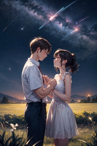 "A romantic night scene rendered in a blend of 3DCG and watercolor style, featuring a young couple under a starry sky. The boy and girl are standing close together, gazing up at a brilliant shooting star that illuminates the sky. The girl's smile shines brightly as the stars twinkle around them. The night sky is filled with countless stars, creating a magical and serene atmosphere. The couple's hearts are united, symbolized by the shooting star tying their dreams together. The background includes gentle rolling hills and a calm, expansive meadow, adding to the peaceful and romantic setting. The colors should be soft and dreamy, with watercolor textures blending seamlessly with the 3DCG elements. Focus on the glowing shooting star, the tender expressions of the couple, and the ethereal quality of the scene."