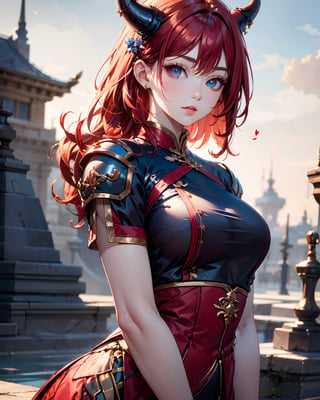 1dragon girl, wearing a dragon armor, long red hair, fantasy, dragon horns, ,photo of perfecteyes eyes,Realism