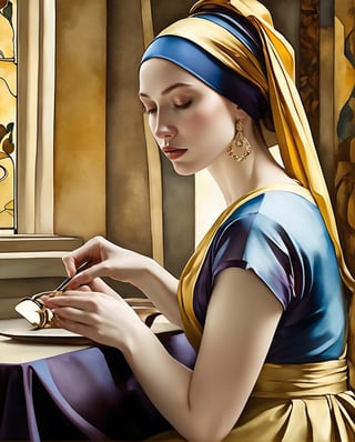 Create an enchanting Art Nouveau-inspired female illustration that seamlessly melds the exquisite style of Johannes Vermeer. Embrace Vermeer's mastery of light, delicate color palettes, and meticulous detail in portraying domestic scenes. Infuse the Art Nouveau touch by incorporating flowing lines, organic forms, and ornate patterns reminiscent of the era. Illuminate the subject with soft, ethereal lighting, enhancing the inherent grace and sophistication. Capture a moment of quiet beauty, echoing Vermeer's narrative charm, while introducing the graceful curves and decorative elements characteristic of Art Nouveau. This prompt challenges the artist to harmoniously blend two distinct yet captivating artistic legacies.