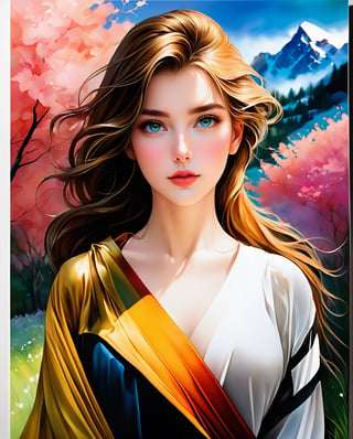A captivating, hyperrealistic digital painting of a stunningly beautiful girl, featuring a delicate and perfect face with reflective eyes that seem to gleam. The artwork masterfully combines the styles of Arthur Rackham and Antoine Blanchard, resulting in a vibrant and colorful masterpiece. The background features a lush landscape with a mix of bright and vibrant colors, creating a dynamic and eye-catching scene. The center of the image is the girl, with a sharp focus on her face, revealing the incredible level of detail and smoothness in the painting. This hyperrealistic illustration is a stunning work of art, perfected to 8k resolution., illustration, conceptual art